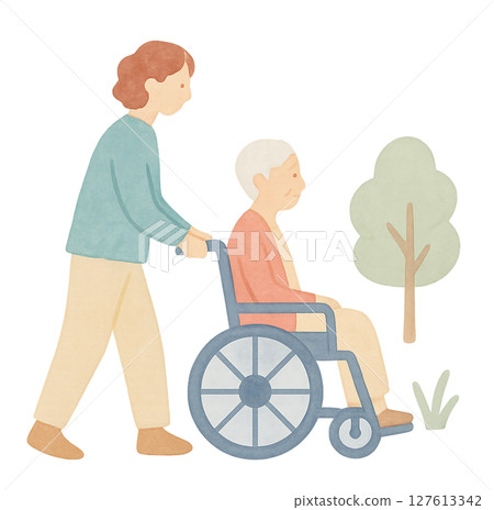 Watercolor illustration of a caregiver pushing a wheelchair and an elderly person Transparent PNG 127613342