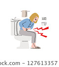 Woman with stomach ache sitting on the toilet 127613357