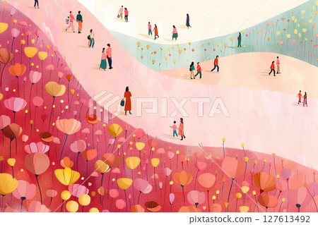Beautiful flower field walk scenery (colorful) 2D illustration 127613492