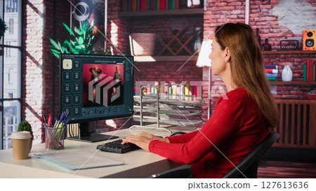 Photographer using AI program turning text prompt into photos, retouching technique. Graphic designer text to image artificial intelligence generator transforming words into pictures. Camera B. Photographer using AI program turning text prompt into photos, retouching technique. Graphic designer text to image artificial intelligence generator transforming words into pictures. Camera B. 127613636