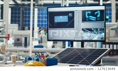 Monitor in green energy solar panels plant with software used to optimize layouts. Computer program in eco friendly photovoltaics factory doing arrangements for maximum energy output, panning shot Monitor in green energy solar panels plant with software used to optimize layouts. Computer program in eco friendly photovoltaics factory doing arrangements for maximum energy output, panning shot 127613649