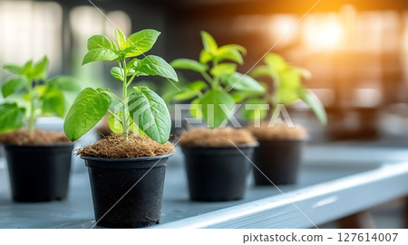 young plant growing in clay pot 127614007