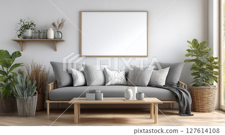Blank poster frame on the wall in a modern living room 127614108