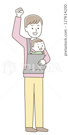 A father holding a baby and making a fist pump A father holding a baby and making a fist pump 127614200