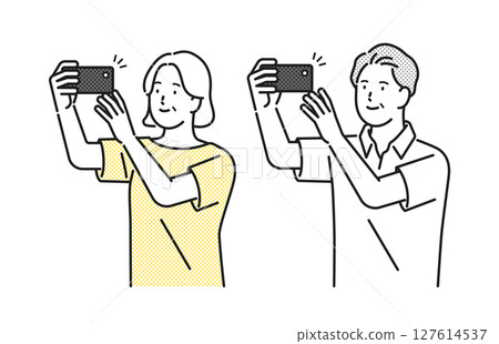 Illustration material: Senior couple taking photos with a smartphone 127614537