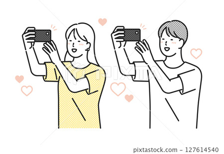 Illustration material: Young men and women happily taking photos with a smartphone Illustration material: Young men and women happily taking photos with a smartphone 127614540