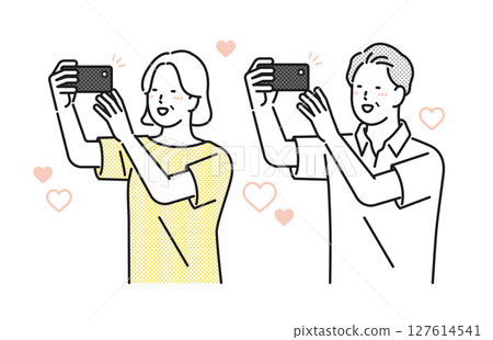 Illustration material: A senior couple happily taking photos with a smartphone 127614541