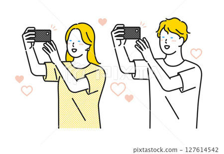 插畫素材:年輕男女開心地用智慧型手機拍照 插畫素材:年輕男女開心地用智慧型手機拍照 127614542