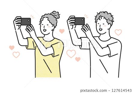 插畫素材：年輕男女開心地用智慧型手機拍照 127614543