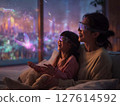 Parents and children enjoying AR glasses in a futuristic living room 127614592