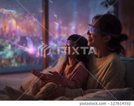 Parents and children enjoying AR glasses in a futuristic living room 127614592