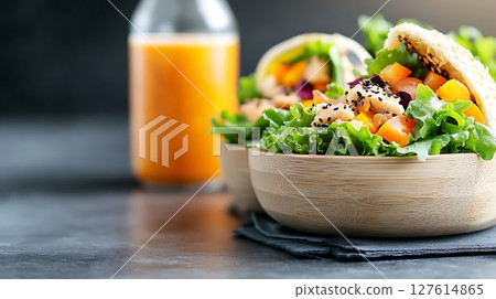 buddha bowl with chicken, vegetables and corn 127614865