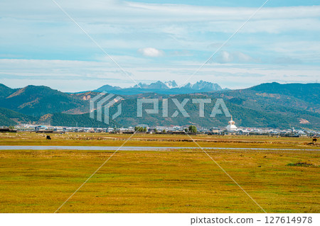 Shangri-la Landscape with Stupa and Snow-Capped Mountains Shangri-la Landscape with Stupa and Snow-Capped Mountains 127614978