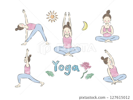Set of vector illustrations of active poses of young women doing yoga 127615012