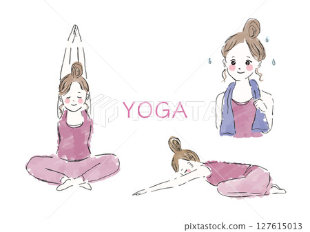 一組年輕女性做瑜珈的主動姿勢的向量插圖 127615013