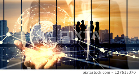 Collage of a group of talking business people and a global network. Horizontal image for banners and advertisements. Collage of a group of talking business people and a global network. Horizontal image for banners and advertisements. 127615370