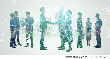 Collage of a group of multinational business people and environmental technology Horizontal visual for banners and advertisements 127615373