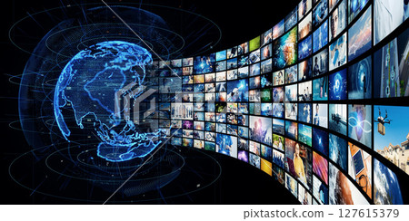 Collage of global network and video technology - Horizontal visual for banners and advertisements Collage of global network and video technology - Horizontal visual for banners and advertisements 127615379