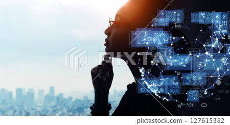 Collage of a thinking woman and digital technology Horizontal visual for banners and advertisements 127615382