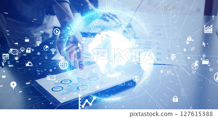 Business people using tablets and global network concept Horizontal visual for banners and advertisements 127615388