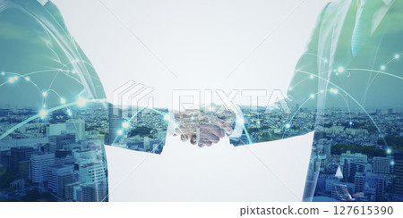 Group of business people shaking hands and digital network concept Horizontal visual for banner and advertising Group of business people shaking hands and digital network concept Horizontal visual for banner and advertising 127615390