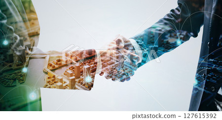 Group of business people shaking hands and digital network concept Horizontal visual for banner and advertising 127615392