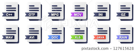 3d file format type icon set bundle illustration c plus otf mpg mov ini gz wav avi doc xls java raw 127615628