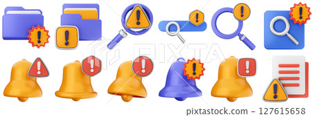 3d warning file folder scanning searching notification bell danger alert caution risk important sign icon set bundle 127615658
