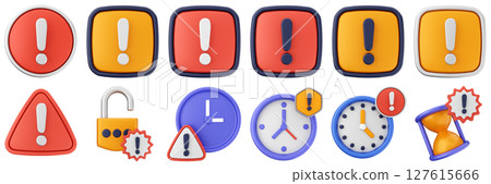 3d warning danger alert caution risk important padlock clock timer sign icon set bundle 127615666