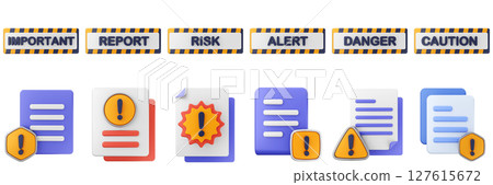 3d warning report file data danger alert caution risk important sign icon set bundle 127615672