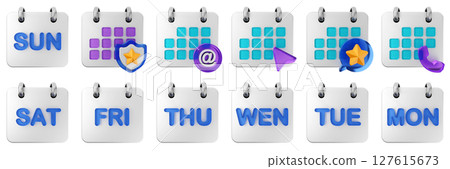 3d calendar sunday saturday friday thursday wednesday tuesday monday date event reminder plan organizer icon set bundle illustration 127615673