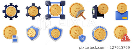 3d money settings security shield protection transaction coin finance investment wealth payment income dollar icon set bundle illustration 127615769