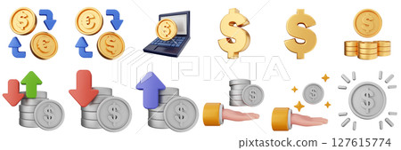 3d money exchange transfer transaction coin finance investment wealth payment income dollar icon set bundle illustration 127615774