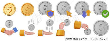 3d money protection shield security transaction coin finance investment wealth payment income dollar icon set bundle illustration 127615775