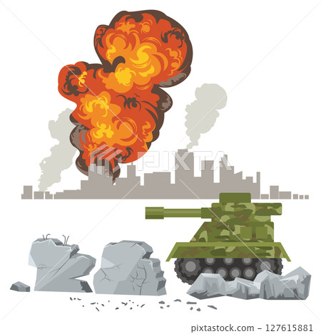 空襲和坦克後燃燒的城市的插圖 127615881