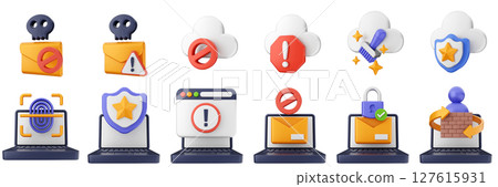 3d internet spam mail block laptop website cyber security safety data protection icon set bundle illustration 127615931