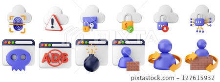 3d internet cloud user firewall website cyber security safety data protection icon set bundle illustration 127615932