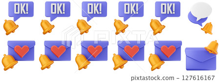 3d notification chat mail notice alert attention application bell alarm reminder icon set bundle illustration 127616167