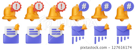 3d notification mail notice alert attention application bell alarm reminder icon set bundle illustration 127616174