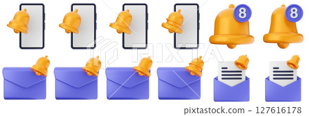 3d notification mail smartphone notice alert attention application bell alarm reminder icon set bundle illustration 127616178
