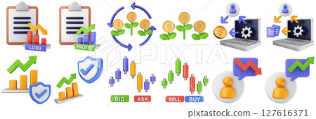 3d trading money cash coin chart income profit finance icon set bundle illustration 127616371