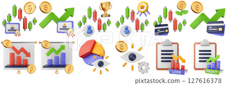 3d trading money cash coin chart income profit finance icon set bundle illustration 3d trading money cash coin chart income profit finance icon set bundle illustration 127616378