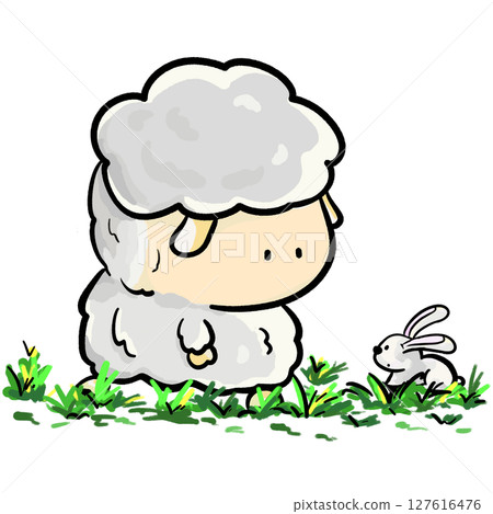 Little sheep meets little rabbit on the grass cartoon cute illustration Little sheep meets little rabbit on the grass cartoon cute illustration 127616476