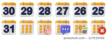3d calendar day piggy bank calculator date event reminder plan organizer icon set bundle illustration 127616488