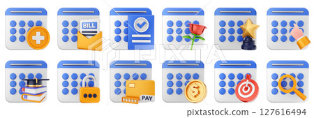 3d calendar target scan payment date event reminder plan organizer icon set bundle illustration 127616494