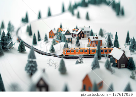 Scenery of a train running through a snowy town 127617039