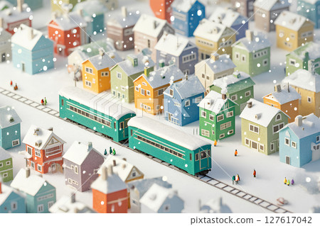 Scenery of a train running through a snowy town 127617042