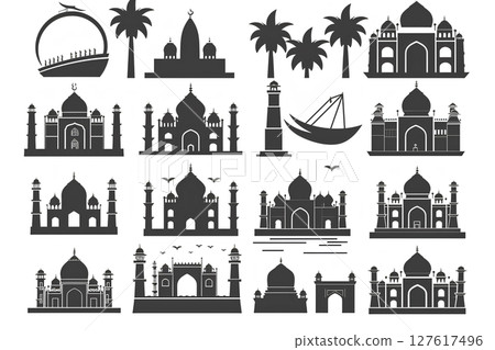 印度自然和現代旅遊業的標誌、寺廟、酒店等。 印度自然和現代旅遊業的標誌、寺廟、酒店等。 127617496