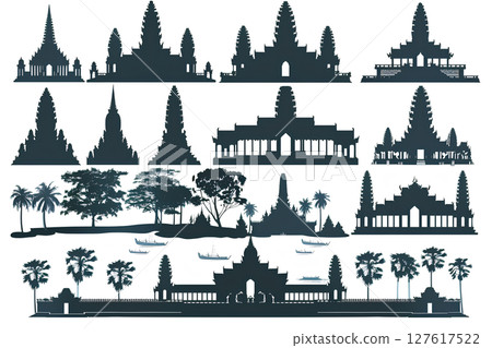 Cambodian nature, tourism, temples and ruins icons 127617522