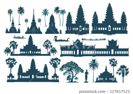 Cambodian nature, tourism, temples and ruins icons 127617523